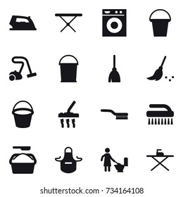 16 vector icon set : iron, iron board, washing machine, bucket, vacuum cleaner, broom, brush, washing powder, apron, toilet cleaning