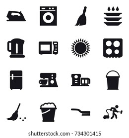 16 vector icon set : iron, washing machine, broom, plate washing, kettle, bucket, foam bucket, brush, vacuum cleaner