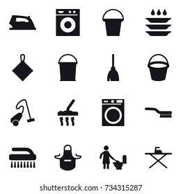 16 vector icon set : iron, washing machine, bucket, plate washing, rag, broom, vacuum cleaner, brush, apron, toilet cleaning, iron board