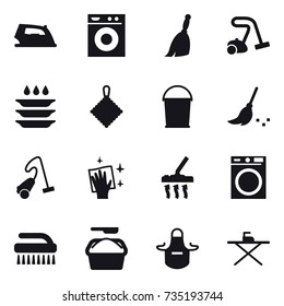 16 vector icon set : iron, washing machine, broom, vacuum cleaner, plate washing, rag, bucket, wiping, brush, washing powder, apron, iron board