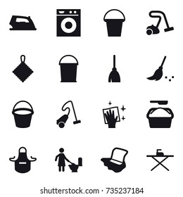 16 vector icon set : iron, washing machine, bucket, vacuum cleaner, rag, broom, wiping, washing powder, apron, toilet cleaning, floor washing, iron board