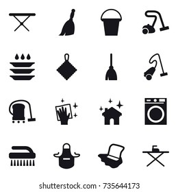 16 vector icon set : iron board, broom, bucket, vacuum cleaner, plate washing, rag, wiping, house cleaning, washing machine, brush, apron, floor washing