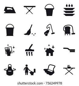 16 vector icon set : iron, iron board, bucket, plate washing, broom, vacuum cleaner, wiping, house cleaning, brush, apron, toilet cleaning, floor washing