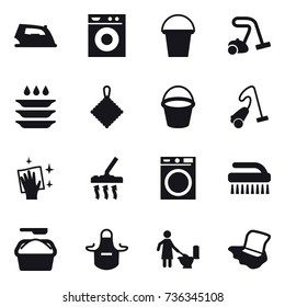 16 vector icon set : iron, washing machine, bucket, vacuum cleaner, plate washing, rag, wiping, brush, washing powder, apron, toilet cleaning, floor washing