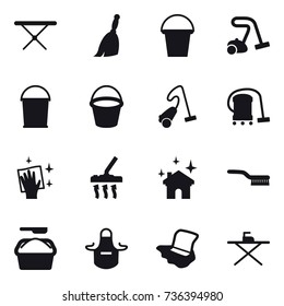 16 vector icon set : iron board, broom, bucket, vacuum cleaner, wiping, house cleaning, brush, washing powder, apron, floor washing