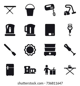 16 vector icon set : iron board, bucket, mixer, vacuum cleaner, kettle, kitchen scales, handle scales, spatula, kitchen cleaning