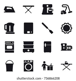 16 vector icon set : iron, iron board, coffee maker, vacuum cleaner, kettle, kitchen scales, spatula, bucket, washing machine, kitchen cleaning