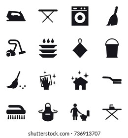 16 vector icon set : iron, iron board, washing machine, broom, vacuum cleaner, plate washing, rag, bucket, wiping, house cleaning, brush, apron, toilet cleaning