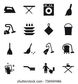 16 vector icon set : iron, iron board, washing machine, broom, vacuum cleaner, plate washing, rag, bucket, wiping, brush, toilet cleaning