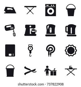 16 vector icon set : iron, iron board, washing machine, bucket, mixer, coffee maker, kettle, kitchen scales, handle scales, pruner, kitchen cleaning
