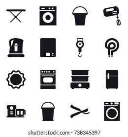 16 vector icon set : iron board, washing machine, bucket, mixer, kettle, kitchen scales, handle scales, pruner