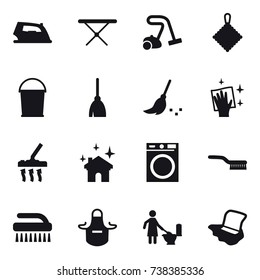 16 vector icon set : iron, iron board, vacuum cleaner, rag, bucket, broom, wiping, house cleaning, washing machine, brush, apron, toilet cleaning, floor washing