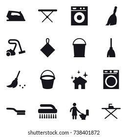 16 vector icon set : iron, iron board, washing machine, broom, vacuum cleaner, rag, bucket, house cleaning, brush, toilet cleaning
