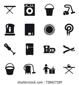 16 vector icon set : iron board, washing machine, bucket, vacuum cleaner, kettle, kitchen scales, pruner, kitchen cleaning