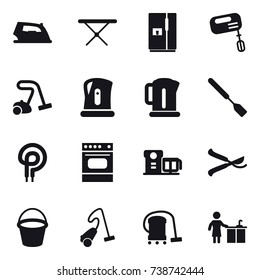 16 vector icon set : iron, iron board, fridge, mixer, vacuum cleaner, kettle, spatula, pruner, bucket, kitchen cleaning