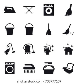 16 vector icon set : iron, iron board, washing machine, broom, bucket, vacuum cleaner, wiping, house cleaning, brush, washing powder, floor washing