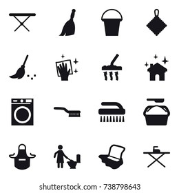 16 vector icon set : iron board, broom, bucket, rag, wiping, vacuum cleaner, house cleaning, washing machine, brush, washing powder, apron, toilet cleaning, floor washing