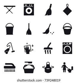 16 vector icon set : iron board, washing machine, broom, rag, bucket, vacuum cleaner, wiping, brush, washing powder, apron, toilet cleaning