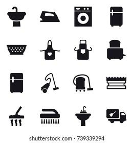 16 vector icon set : iron, washing machine, fridge, kolander, apron, vacuum cleaner, sponge, brush, water tap sink, home call cleaning
