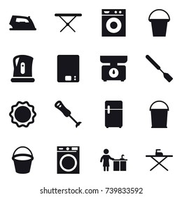 16 vector icon set : iron, iron board, washing machine, bucket, kettle, kitchen scales, spatula, kitchen cleaning
