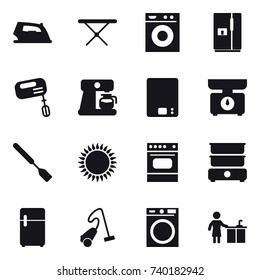 16 vector icon set : iron, iron board, washing machine, fridge, mixer, coffee maker, kitchen scales, spatula, vacuum cleaner, kitchen cleaning