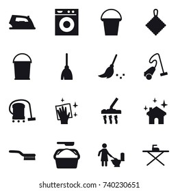 16 vector icon set : iron, washing machine, bucket, rag, broom, vacuum cleaner, wiping, house cleaning, brush, washing powder, toilet cleaning, iron board