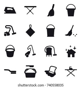 16 vector icon set : iron, iron board, broom, bucket, vacuum cleaner, rag, house cleaning, brush, washing powder, floor washing