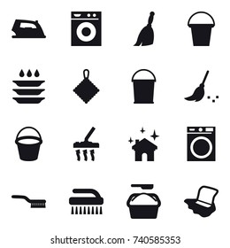 16 vector icon set : iron, washing machine, broom, bucket, plate washing, rag, vacuum cleaner, house cleaning, brush, washing powder, floor washing