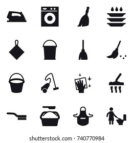 16 vector icon set : iron, washing machine, broom, plate washing, rag, bucket, vacuum cleaner, wiping, brush, washing powder, apron, toilet cleaning