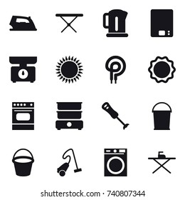 16 vector icon set : iron, iron board, kettle, kitchen scales, bucket, vacuum cleaner, washing machine