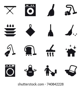 16 vector icon set : iron board, washing machine, broom, vacuum cleaner, plate washing, rag, house cleaning, apron, toilet cleaning, floor washing