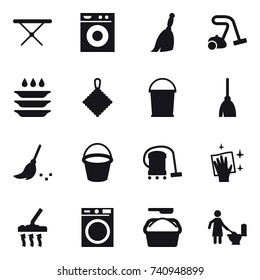 16 vector icon set : iron board, washing machine, broom, vacuum cleaner, plate washing, rag, bucket, wiping, washing powder, toilet cleaning