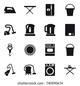 16 vector icon set : iron, iron board, fridge, bucket, vacuum cleaner, kettle, kitchen scales, handle scales, washing machine