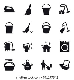 16 vector icon set : iron, broom, bucket, vacuum cleaner, wiping, house cleaning, washing machine, washing powder, apron, toilet cleaning, floor washing