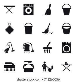 16 vector icon set : iron board, washing machine, broom, bucket, rag, vacuum cleaner, brush, washing powder, toilet cleaning