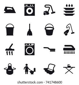 16 vector icon set : iron, washing machine, vacuum cleaner, plate washing, bucket, broom, brush, apron, toilet cleaning, floor washing, iron board