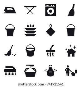 16 vector icon set : iron, iron board, washing machine, broom, bucket, plate washing, rag, vacuum cleaner, house cleaning, brush, washing powder, apron, toilet cleaning