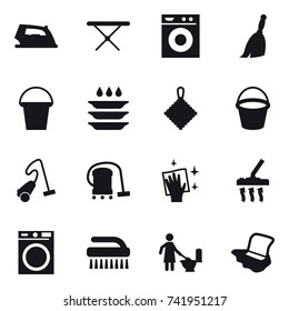 16 vector icon set : iron, iron board, washing machine, broom, bucket, plate washing, rag, vacuum cleaner, wiping, brush, toilet cleaning, floor washing