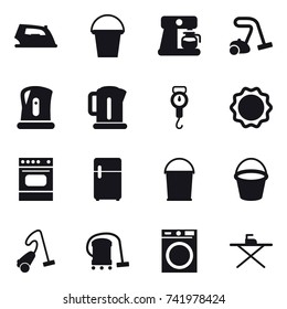 16 vector icon set : iron, bucket, coffee maker, vacuum cleaner, kettle, handle scales, washing machine, iron board