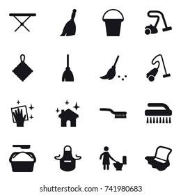 16 vector icon set : iron board, broom, bucket, vacuum cleaner, rag, wiping, house cleaning, brush, washing powder, apron, toilet cleaning, floor washing