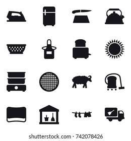 16 vector icon set : iron, fridge, cutting board, kettle, kolander, apron, sheep, vacuum cleaner, sponge, utility room, drying clothe, home call cleaning