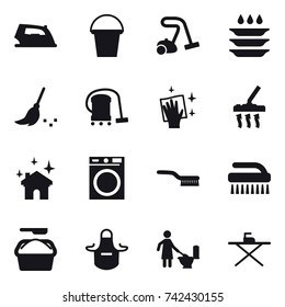 16 vector icon set : iron, bucket, vacuum cleaner, plate washing, broom, wiping, house cleaning, washing machine, brush, washing powder, apron, toilet cleaning, iron board