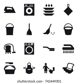16 vector icon set : iron, washing machine, plate washing, rag, bucket, broom, vacuum cleaner, brush, washing powder, apron, toilet cleaning, floor washing