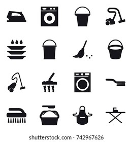 16 vector icon set : iron, washing machine, bucket, vacuum cleaner, plate washing, broom, brush, washing powder, apron, iron board