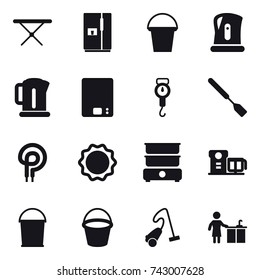 16 vector icon set : iron board, fridge, bucket, kettle, kitchen scales, handle scales, spatula, vacuum cleaner, kitchen cleaning