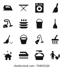 16 vector icon set : iron, iron board, washing machine, broom, vacuum cleaner, plate washing, bucket, house cleaning, brush, washing powder, toilet cleaning