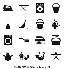 16 vector icon set : iron, iron board, washing machine, bucket, broom, wiping, brush, washing powder, apron, toilet cleaning, floor washing