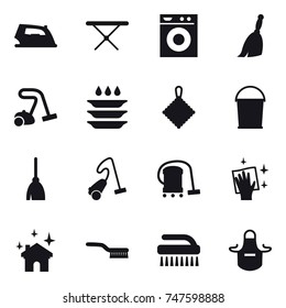 16 vector icon set : iron, iron board, washing machine, broom, vacuum cleaner, plate washing, rag, bucket, wiping, house cleaning, brush, apron