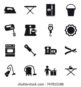 16 vector icon set : iron, iron board, fridge, bucket, mixer, coffee maker, handle scales, pruner, vacuum cleaner, kitchen cleaning
