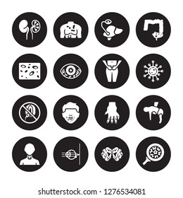 16 vector icon set : Iron-deficiency anemia, Human papillomavirus (HPV), Huntington's disease, Hypermetropia, Hyperopia, papillomavirus, Infertility isolated on black background